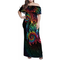 Hawaii Pride Family Matching Off Shoulder Maxi Dress and Hawaiian Shirt Rainbow Swirls LT7 Mom's Dress Colorful - Polynesian Pride