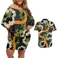 Aloha Festive Hawaii Couples Matching Off Shoulder Short Dress and Hawaiian Shirt Mokihana - Maile and Ilima on Black LT7 Black - Polynesian Pride