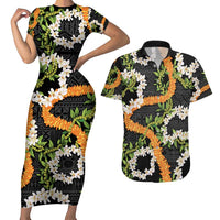 Aloha Festive Hawaii Couples Matching Short Sleeve Bodycon Dress and Hawaiian Shirt Mokihana - Maile and Ilima on Black LT7 Black - Polynesian Pride