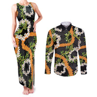 Aloha Festive Hawaii Couples Matching Tank Maxi Dress and Long Sleeve Button Shirt Mokihana - Maile and Ilima on Black LT7 Black - Polynesian Pride