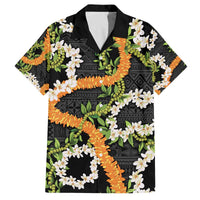 Aloha Festive Hawaii Family Matching Off The Shoulder Long Sleeve Dress and Hawaiian Shirt Mokihana - Maile and Ilima on Black LT7 Dad's Shirt - Short Sleeve Black - Polynesian Pride