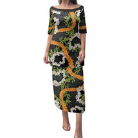 Aloha Festive Hawaii Family Matching Puletasi and Hawaiian Shirt Mokihana - Maile and Ilima on Black LT7 Mom's Dress Black - Polynesian Pride