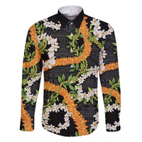Aloha Festive Hawaii Family Matching Short Sleeve Bodycon Dress and Hawaiian Shirt Mokihana - Maile and Ilima on Black LT7 Dad's Shirt - Long Sleeve Black - Polynesian Pride