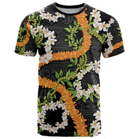 Aloha Festive Hawaii T Shirt Mokihana - Maile and Ilima on Black - Polynesian Pride