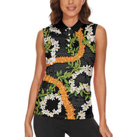 Aloha Festive Hawaii Women Sleeveless Polo Shirt Mokihana - Maile and Ilima on Black LT7 - Polynesian Pride