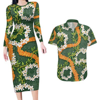 Aloha Festive Hawaii Couples Matching Long Sleeve Bodycon Dress and Hawaiian Shirt Mokihana - Maile and Ilima on Forest Green LT7 Forest Green - Polynesian Pride
