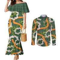 Aloha Festive Hawaii Couples Matching Mermaid Dress and Long Sleeve Button Shirt Mokihana - Maile and Ilima on Forest Green LT7 Forest Green - Polynesian Pride