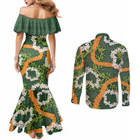 Aloha Festive Hawaii Couples Matching Mermaid Dress and Long Sleeve Button Shirt Mokihana - Maile and Ilima on Forest Green LT7 - Polynesian Pride