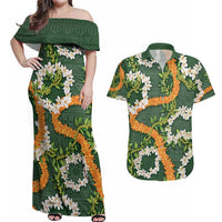 Aloha Festive Hawaii Couples Matching Off Shoulder Maxi Dress and Hawaiian Shirt Mokihana - Maile and Ilima on Forest Green LT7 Forest Green - Polynesian Pride