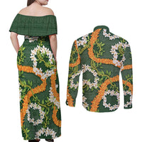 Aloha Festive Hawaii Couples Matching Off Shoulder Maxi Dress and Long Sleeve Button Shirt Mokihana - Maile and Ilima on Forest Green LT7 - Polynesian Pride