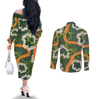 Aloha Festive Hawaii Couples Matching Off The Shoulder Long Sleeve Dress and Long Sleeve Button Shirt Mokihana - Maile and Ilima on Forest Green LT7 - Polynesian Pride