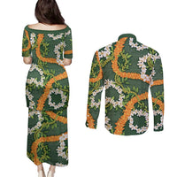 Aloha Festive Hawaii Couples Matching Puletasi and Long Sleeve Button Shirt Mokihana - Maile and Ilima on Forest Green LT7 - Polynesian Pride