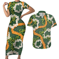Aloha Festive Hawaii Couples Matching Short Sleeve Bodycon Dress and Hawaiian Shirt Mokihana - Maile and Ilima on Forest Green LT7 Forest Green - Polynesian Pride