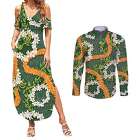 Aloha Festive Hawaii Couples Matching Summer Maxi Dress and Long Sleeve Button Shirt Mokihana - Maile and Ilima on Forest Green LT7 Forest Green - Polynesian Pride