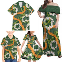 Aloha Festive Hawaii Family Matching Off Shoulder Maxi Dress and Hawaiian Shirt Mokihana - Maile and Ilima on Forest Green LT7 - Polynesian Pride