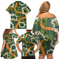 Aloha Festive Hawaii Family Matching Off Shoulder Short Dress and Hawaiian Shirt Mokihana - Maile and Ilima on Forest Green LT7 - Polynesian Pride