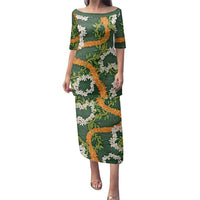 Aloha Festive Hawaii Family Matching Puletasi and Hawaiian Shirt Mokihana - Maile and Ilima on Forest Green LT7 Mom's Dress Forest Green - Polynesian Pride