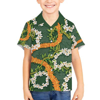 Aloha Festive Hawaii Family Matching Summer Maxi Dress and Hawaiian Shirt Mokihana - Maile and Ilima on Forest Green LT7 Son's Shirt Forest Green - Polynesian Pride