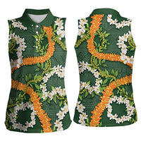 Aloha Festive Hawaii Women Sleeveless Polo Shirt Mokihana - Maile and Ilima on Forest Green LT7 - Polynesian Pride