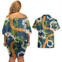 Aloha Festive Hawaii Couples Matching Off Shoulder Short Dress and Hawaiian Shirt Mokihana - Maile and Ilima on Navy Blue LT7 - Polynesian Pride