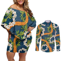 Aloha Festive Hawaii Couples Matching Off Shoulder Short Dress and Long Sleeve Button Shirt Mokihana - Maile and Ilima on Navy Blue LT7 Navy Blue - Polynesian Pride