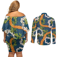 Aloha Festive Hawaii Couples Matching Off Shoulder Short Dress and Long Sleeve Button Shirt Mokihana - Maile and Ilima on Navy Blue LT7 - Polynesian Pride