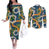Aloha Festive Hawaii Couples Matching Off The Shoulder Long Sleeve Dress and Long Sleeve Button Shirt Mokihana - Maile and Ilima on Navy Blue LT7 Navy Blue - Polynesian Pride