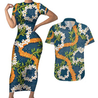 Aloha Festive Hawaii Couples Matching Short Sleeve Bodycon Dress and Hawaiian Shirt Mokihana - Maile and Ilima on Navy Blue LT7 Navy Blue - Polynesian Pride