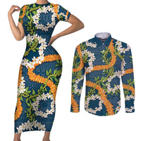 Aloha Festive Hawaii Couples Matching Short Sleeve Bodycon Dress and Long Sleeve Button Shirt Mokihana - Maile and Ilima on Navy Blue LT7 Navy Blue - Polynesian Pride