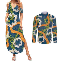 Aloha Festive Hawaii Couples Matching Summer Maxi Dress and Long Sleeve Button Shirt Mokihana - Maile and Ilima on Navy Blue LT7 Navy Blue - Polynesian Pride