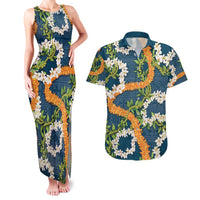 Aloha Festive Hawaii Couples Matching Tank Maxi Dress and Hawaiian Shirt Mokihana - Maile and Ilima on Navy Blue LT7 Navy Blue - Polynesian Pride