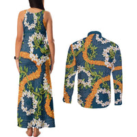Aloha Festive Hawaii Couples Matching Tank Maxi Dress and Long Sleeve Button Shirt Mokihana - Maile and Ilima on Navy Blue LT7 - Polynesian Pride