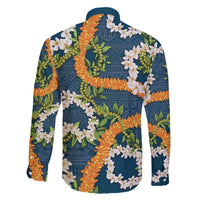 Aloha Festive Hawaii Family Matching Off The Shoulder Long Sleeve Dress and Hawaiian Shirt Mokihana - Maile and Ilima on Navy Blue LT7 - Polynesian Pride