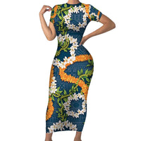 Aloha Festive Hawaii Short Sleeve Bodycon Dress Mokihana - Maile and Ilima on Navy Blue LT7 Long Dress Navy Blue - Polynesian Pride
