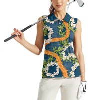 Aloha Festive Hawaii Women Sleeveless Polo Shirt Mokihana - Maile and Ilima on Navy Blue LT7 - Polynesian Pride