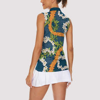 Aloha Festive Hawaii Women Sleeveless Polo Shirt Mokihana - Maile and Ilima on Navy Blue LT7 - Polynesian Pride