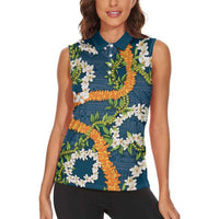Aloha Festive Hawaii Women Sleeveless Polo Shirt Mokihana - Maile and Ilima on Navy Blue LT7 - Polynesian Pride
