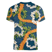 Aloha Festive Hawaii Women V-Neck T-Shirt Mokihana - Maile and Ilima on Navy Blue LT7 - Polynesian Pride