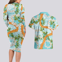Aloha Festive Hawaii Couples Matching Long Sleeve Bodycon Dress and Hawaiian Shirt Mokihana - Maile and Ilima on Turquoise LT7 - Polynesian Pride