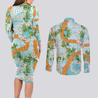 Aloha Festive Hawaii Couples Matching Long Sleeve Bodycon Dress and Long Sleeve Button Shirt Mokihana - Maile and Ilima on Turquoise LT7 - Polynesian Pride