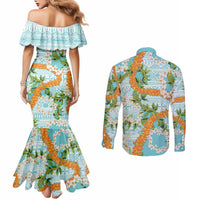 Aloha Festive Hawaii Couples Matching Mermaid Dress and Long Sleeve Button Shirt Mokihana - Maile and Ilima on Turquoise LT7 - Polynesian Pride