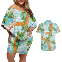 Aloha Festive Hawaii Couples Matching Off Shoulder Short Dress and Hawaiian Shirt Mokihana - Maile and Ilima on Turquoise LT7 Turquoise - Polynesian Pride