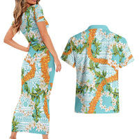 Aloha Festive Hawaii Couples Matching Short Sleeve Bodycon Dress and Hawaiian Shirt Mokihana - Maile and Ilima on Turquoise LT7 - Polynesian Pride