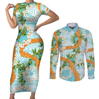 Aloha Festive Hawaii Couples Matching Short Sleeve Bodycon Dress and Long Sleeve Button Shirt Mokihana - Maile and Ilima on Turquoise LT7 Turquoise - Polynesian Pride