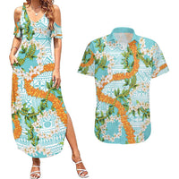 Aloha Festive Hawaii Couples Matching Summer Maxi Dress and Hawaiian Shirt Mokihana - Maile and Ilima on Turquoise LT7 Turquoise - Polynesian Pride