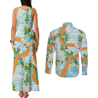 Aloha Festive Hawaii Couples Matching Tank Maxi Dress and Long Sleeve Button Shirt Mokihana - Maile and Ilima on Turquoise LT7 - Polynesian Pride