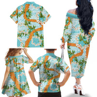 Aloha Festive Hawaii Family Matching Off The Shoulder Long Sleeve Dress and Hawaiian Shirt Mokihana - Maile and Ilima on Turquoise LT7 - Polynesian Pride