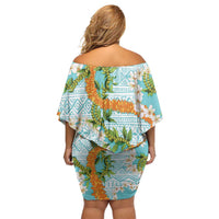 Aloha Festive Hawaii Family Matching Off Shoulder Short Dress and Hawaiian Shirt Mokihana - Maile and Ilima on Turquoise LT7 - Polynesian Pride