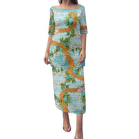 Aloha Festive Hawaii Family Matching Puletasi and Hawaiian Shirt Mokihana - Maile and Ilima on Turquoise LT7 Mom's Dress Turquoise - Polynesian Pride