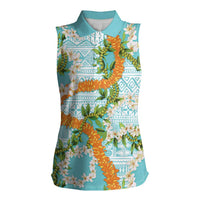 Aloha Festive Hawaii Women Sleeveless Polo Shirt Mokihana - Maile and Ilima on Turquoise LT7 Female Turquoise - Polynesian Pride